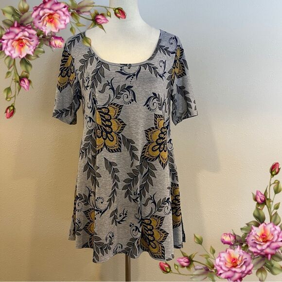 LuLaRoe Floral Gray and Yellow Women's short sleeve a-line Top - Picture 1 of 11